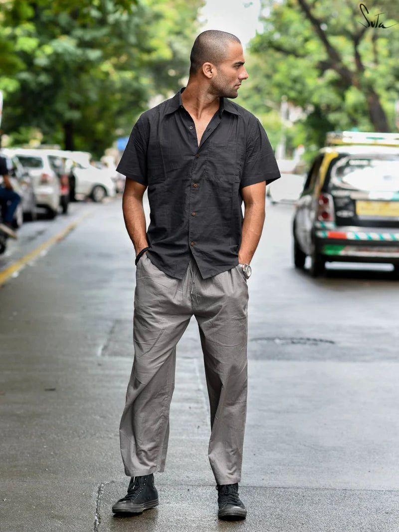 Black Cotton Half Sleeve Shirt for Men