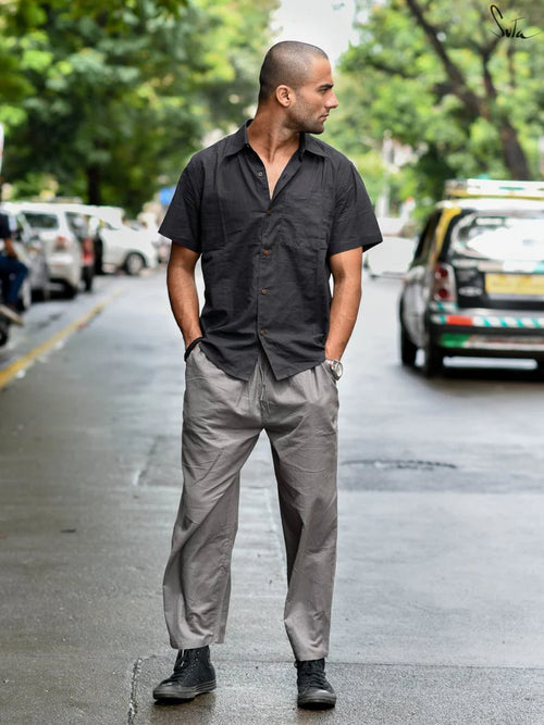 Black Cotton Half Sleeve Shirt for Men