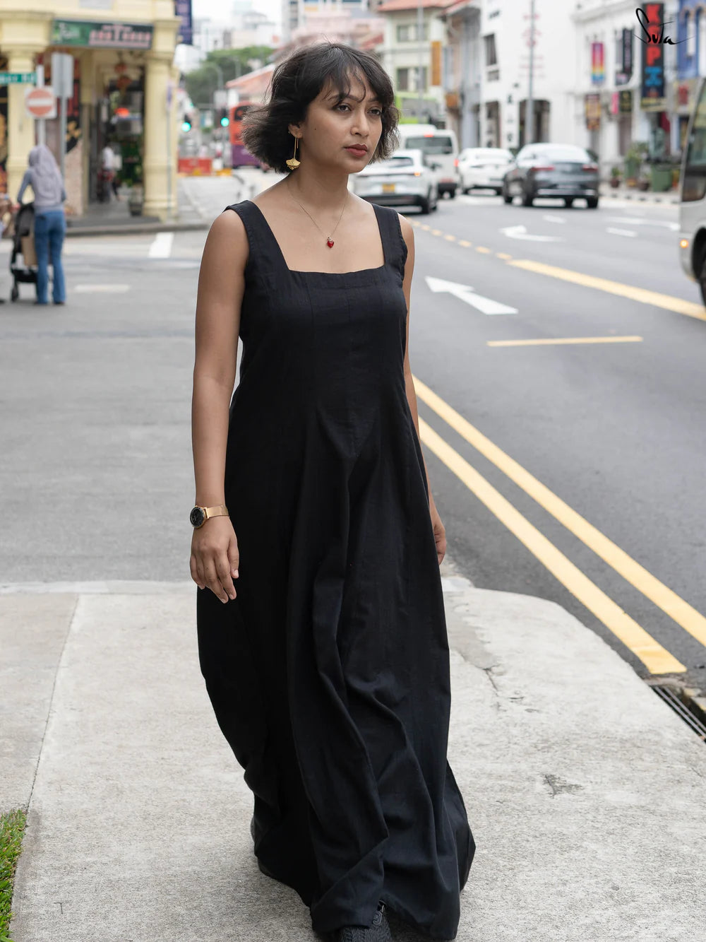 Black Cotton Slub Sleeveless Flowy Long Dress with Square Neck