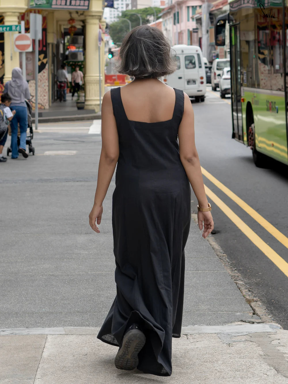 Black Cotton Slub Sleeveless Flowy Long Dress with Square Neck