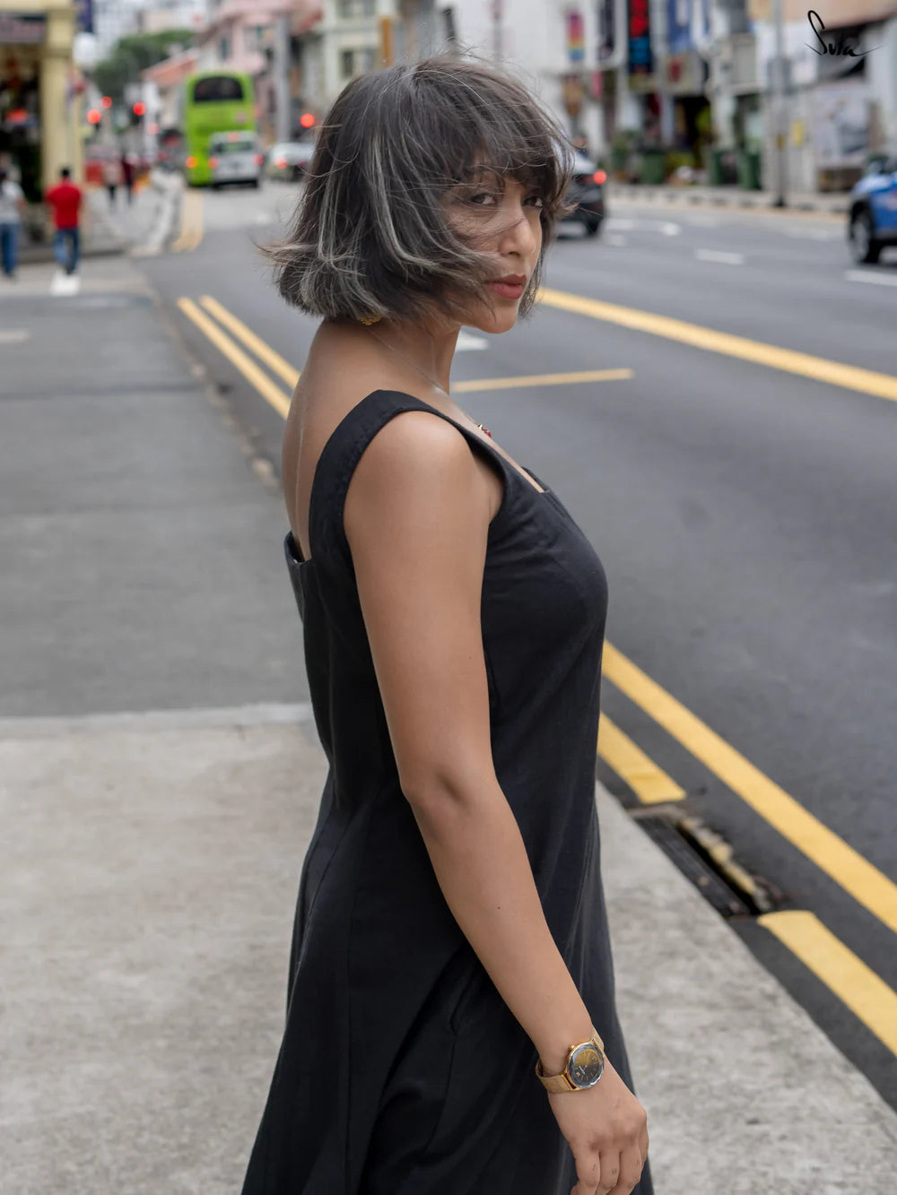 Black Cotton Slub Sleeveless Flowy Long Dress with Square Neck