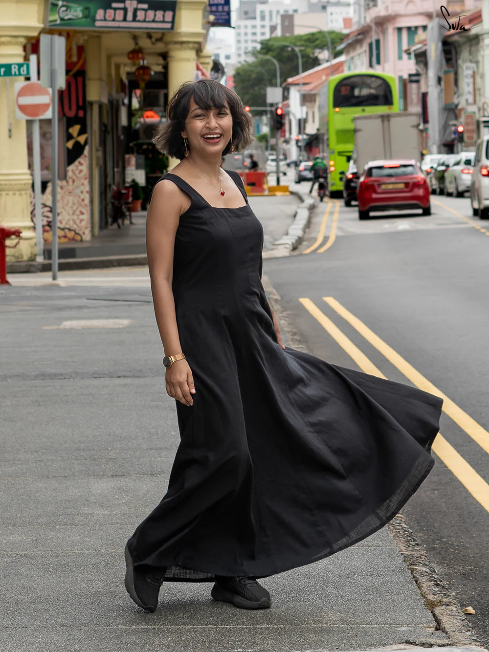 Black Cotton Slub Sleeveless Flowy Long Dress with Square Neck