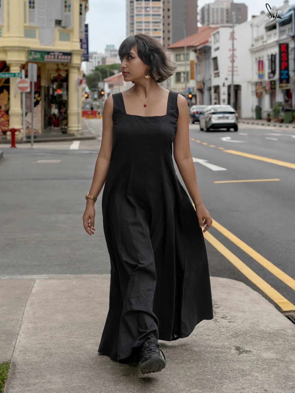 Black Cotton Slub Sleeveless Flowy Long Dress with Square Neck