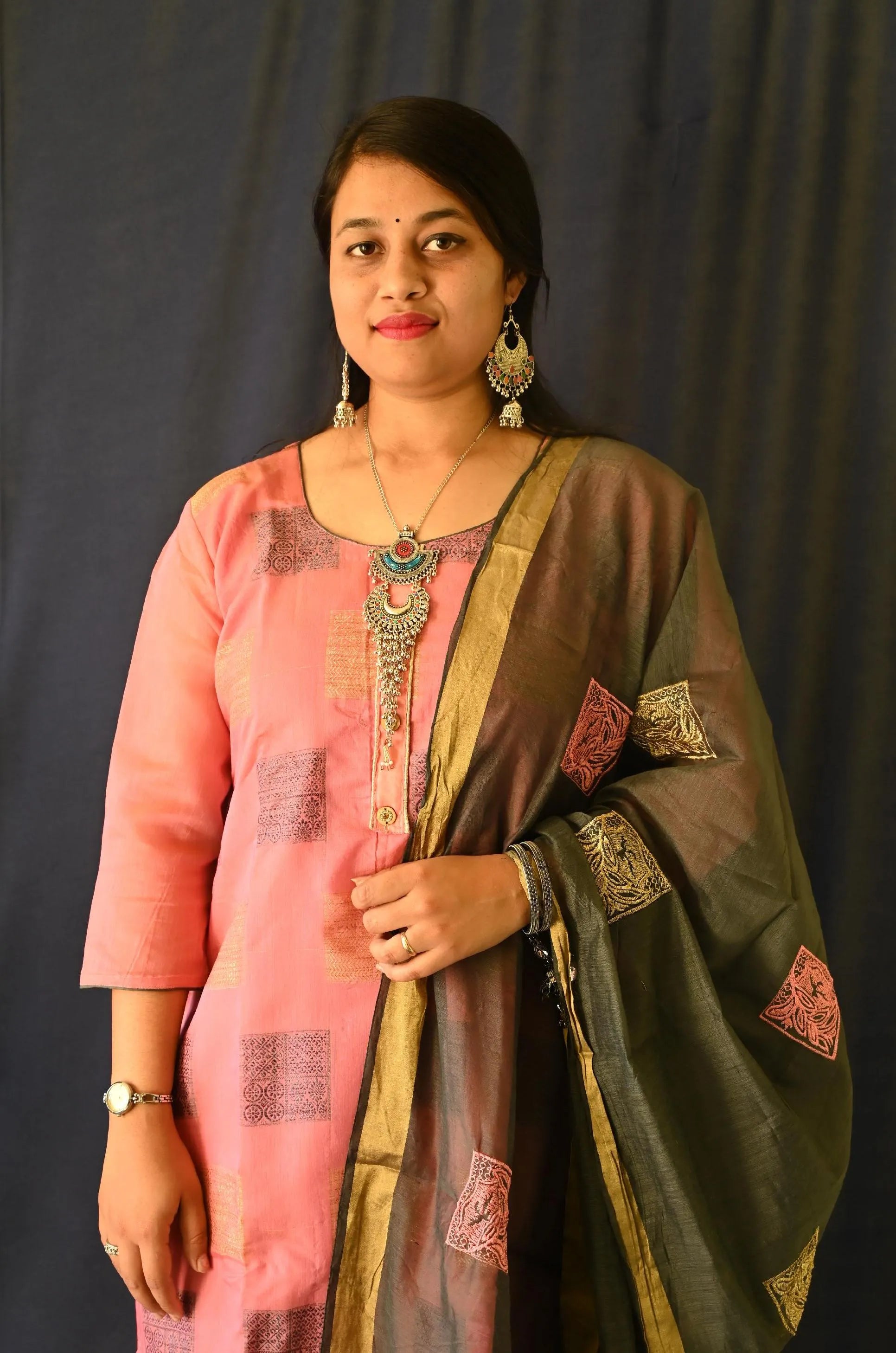 Pink printed Cotton suit ,Pant with pocket and Dupatta