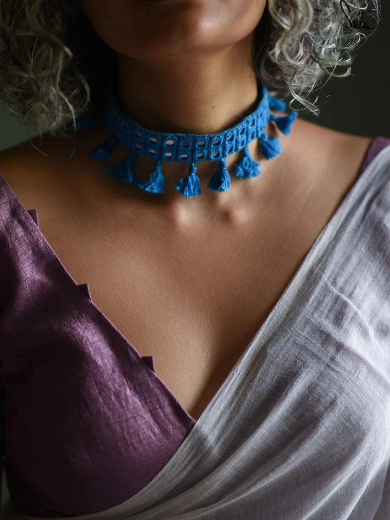 Blue Cotton Woven Choker with Mirror Work & Tassels