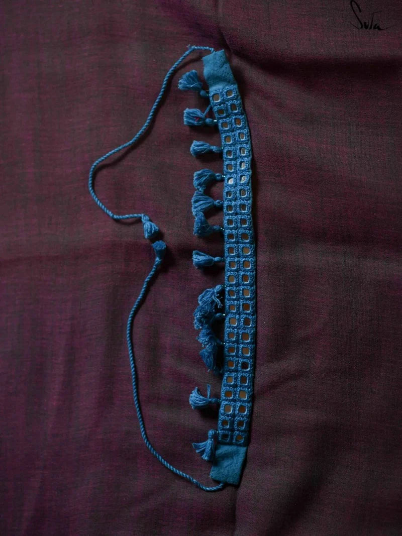 Blue Cotton Woven Choker with Mirror Work & Tassels