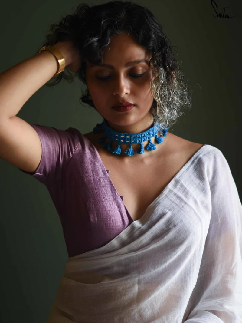 Blue Cotton Woven Choker with Mirror Work & Tassels