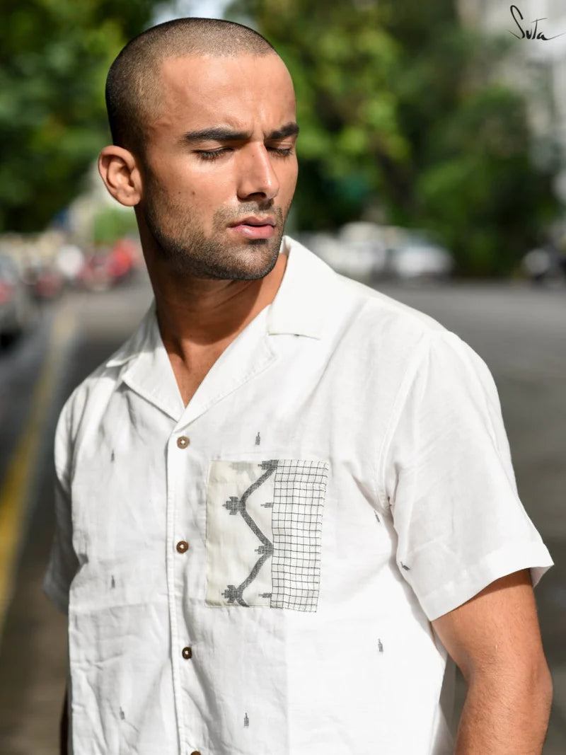 White Cotton Jamdani Half Sleeve Shirt for Men