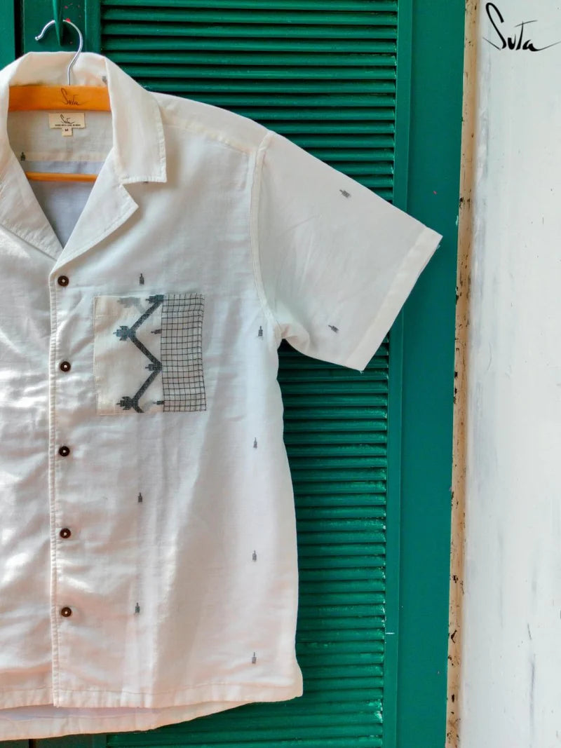 White Cotton Jamdani Half Sleeve Shirt for Men