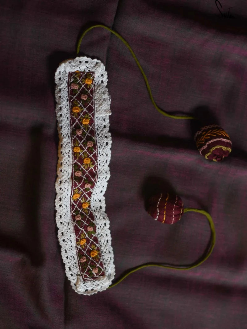 Purple Hand Embroidery Tussar Silk Choker with Lace