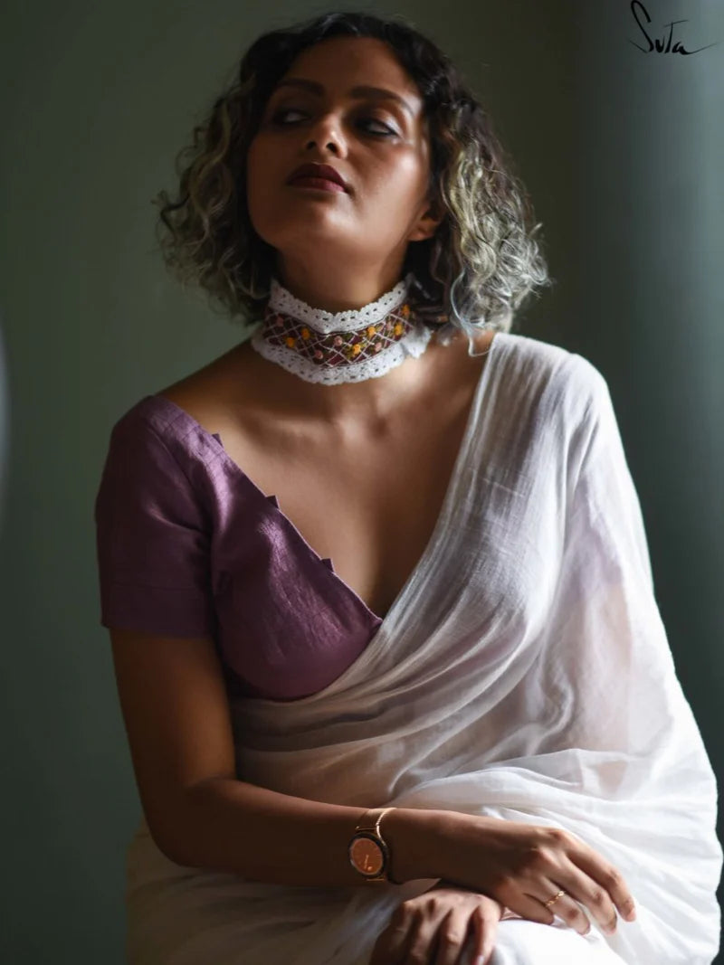 Purple Hand Embroidery Tussar Silk Choker with Lace