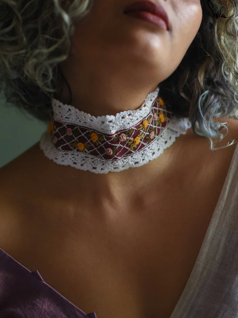 Purple Hand Embroidery Tussar Silk Choker with Lace