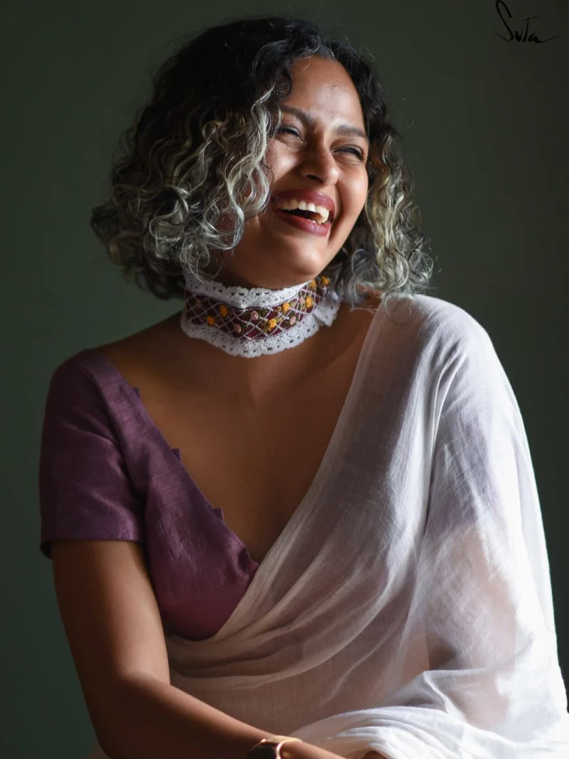 Purple Hand Embroidery Tussar Silk Choker with Lace