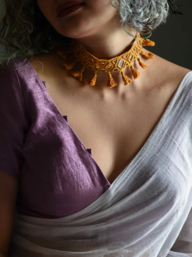 Yellow Woven Cotton Choker with Mirror Work & Tassels