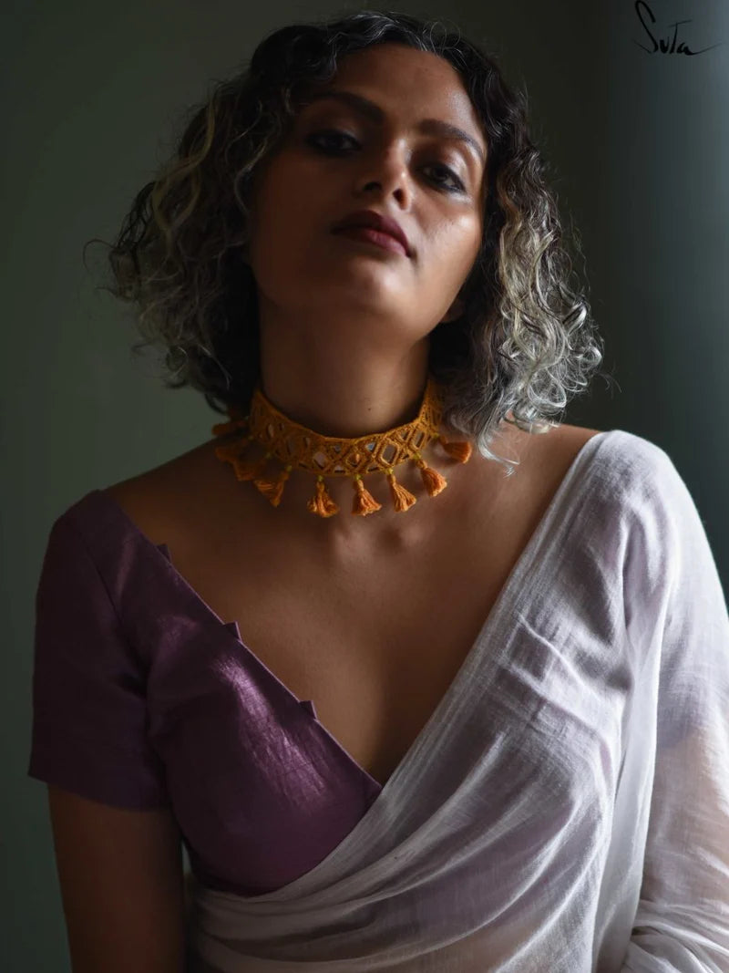 Yellow Woven Cotton Choker with Mirror Work & Tassels