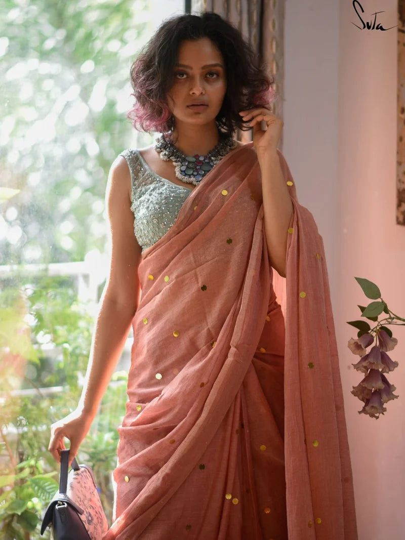 Orange Peach Mulmul Cotton Sequins Saree with Tassels