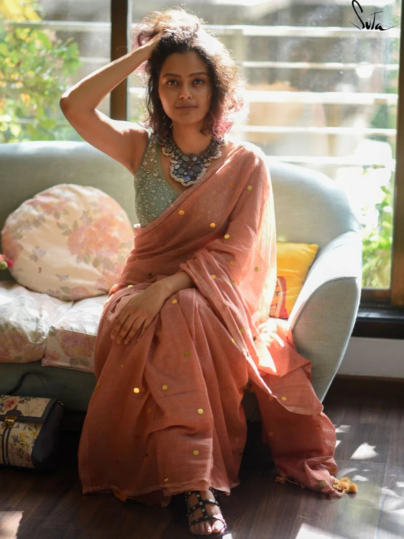 Orange Peach Mulmul Cotton Sequins Saree with Tassels