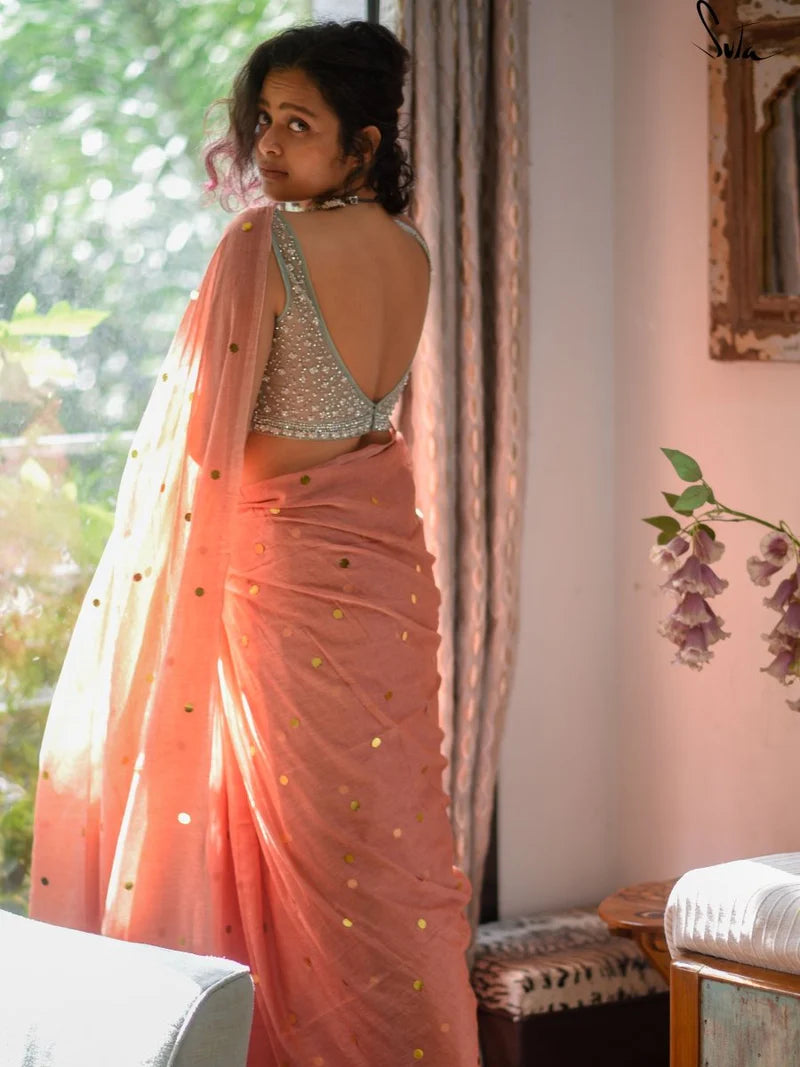 Orange Peach Mulmul Cotton Sequins Saree with Tassels