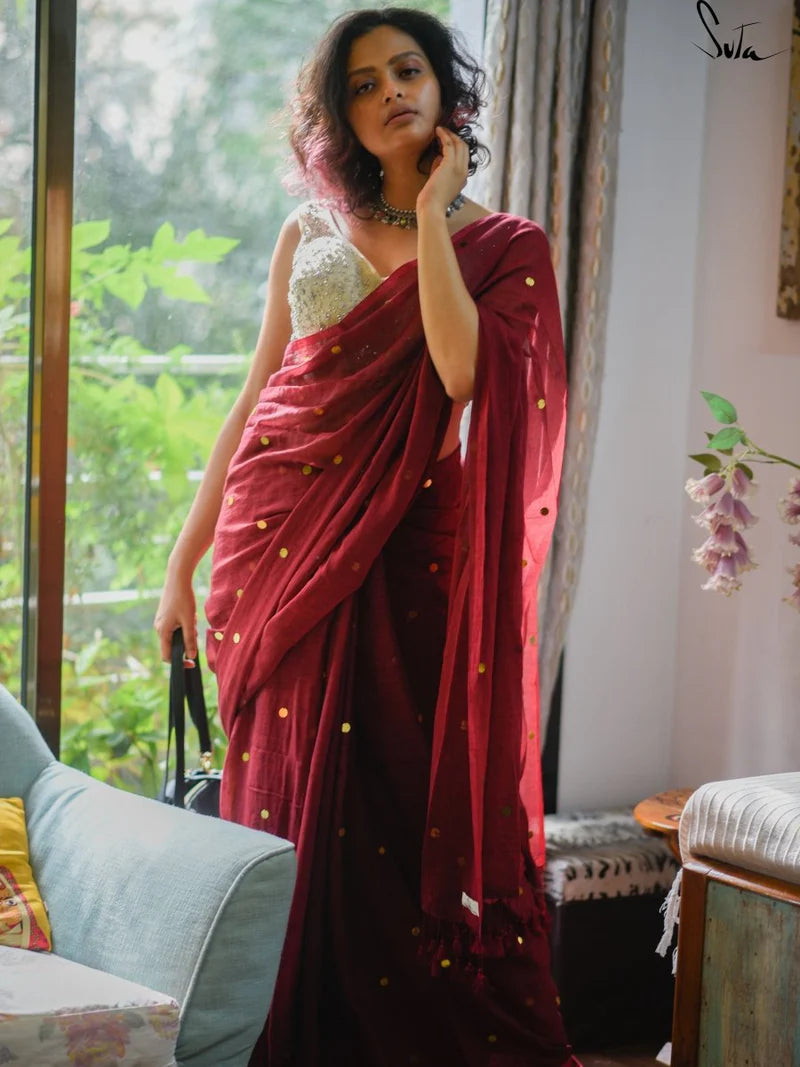 Maroon Mulmul Cotton Sequin Saree with Tassels
