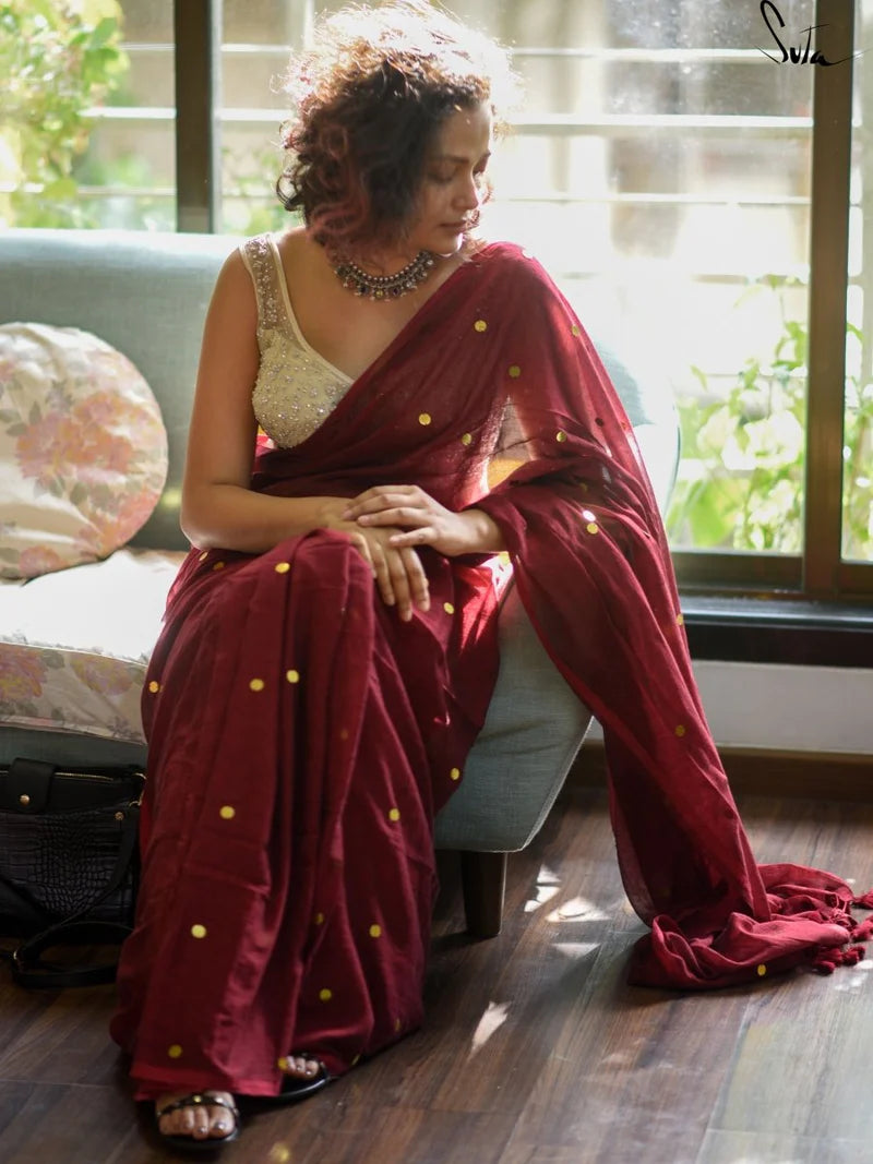 Maroon Mulmul Cotton Sequin Saree with Tassels