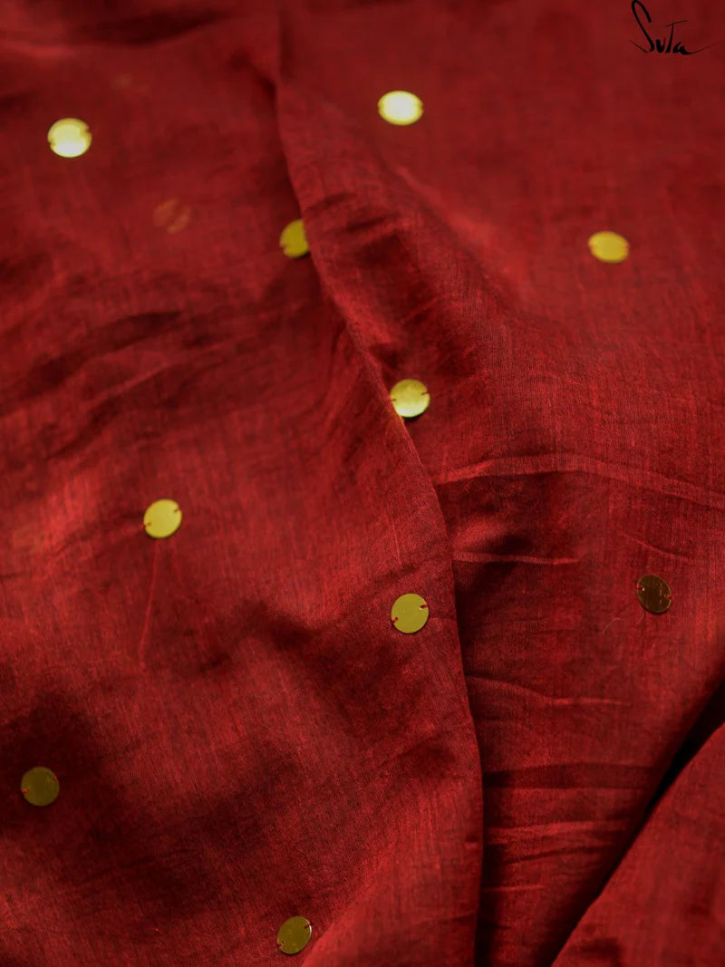 Maroon Mulmul Cotton Sequin Saree with Tassels