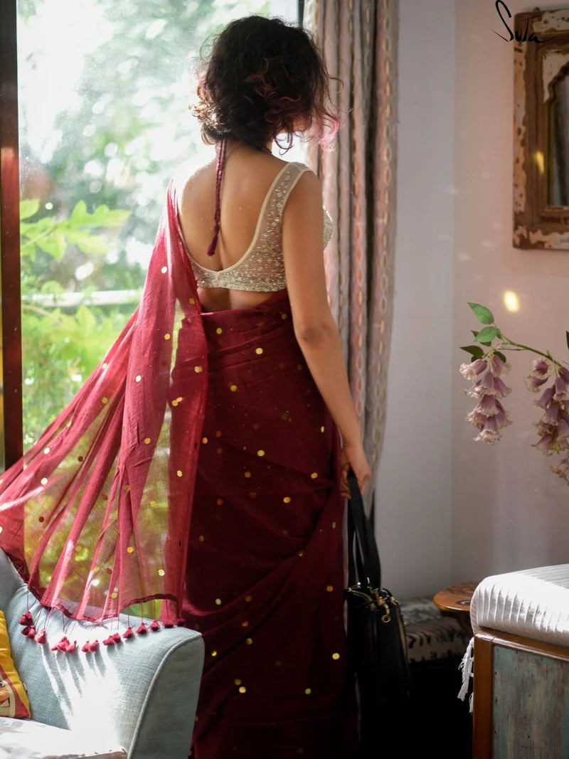 Maroon Mulmul Cotton Sequin Saree with Tassels