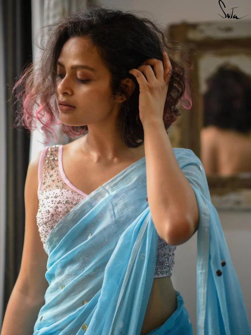Mulmul Cotton Sky Blue Saree with Sequins and Tassels