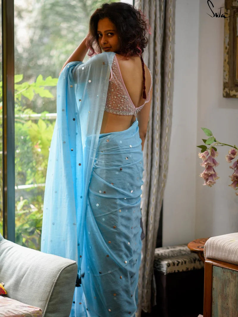Mulmul Cotton Sky Blue Saree with Sequins and Tassels