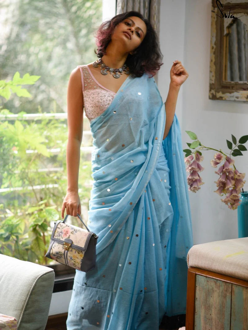 Mulmul Cotton Sky Blue Saree with Sequins and Tassels